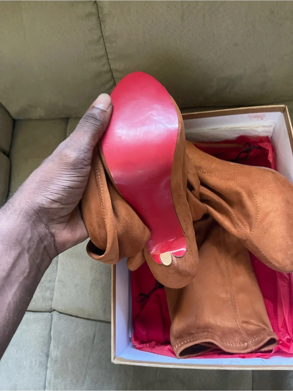 Christian Louboutin Over-the-Knee Suede Boots in Chestnut Brown with Red Soles